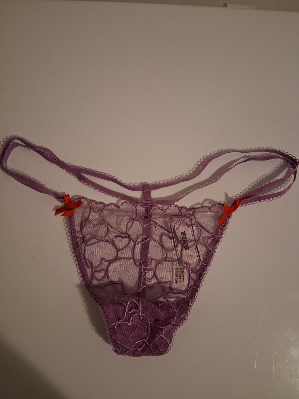 PINK Victoria's Secret Lavender Heart Lace Thong with Orange Bows